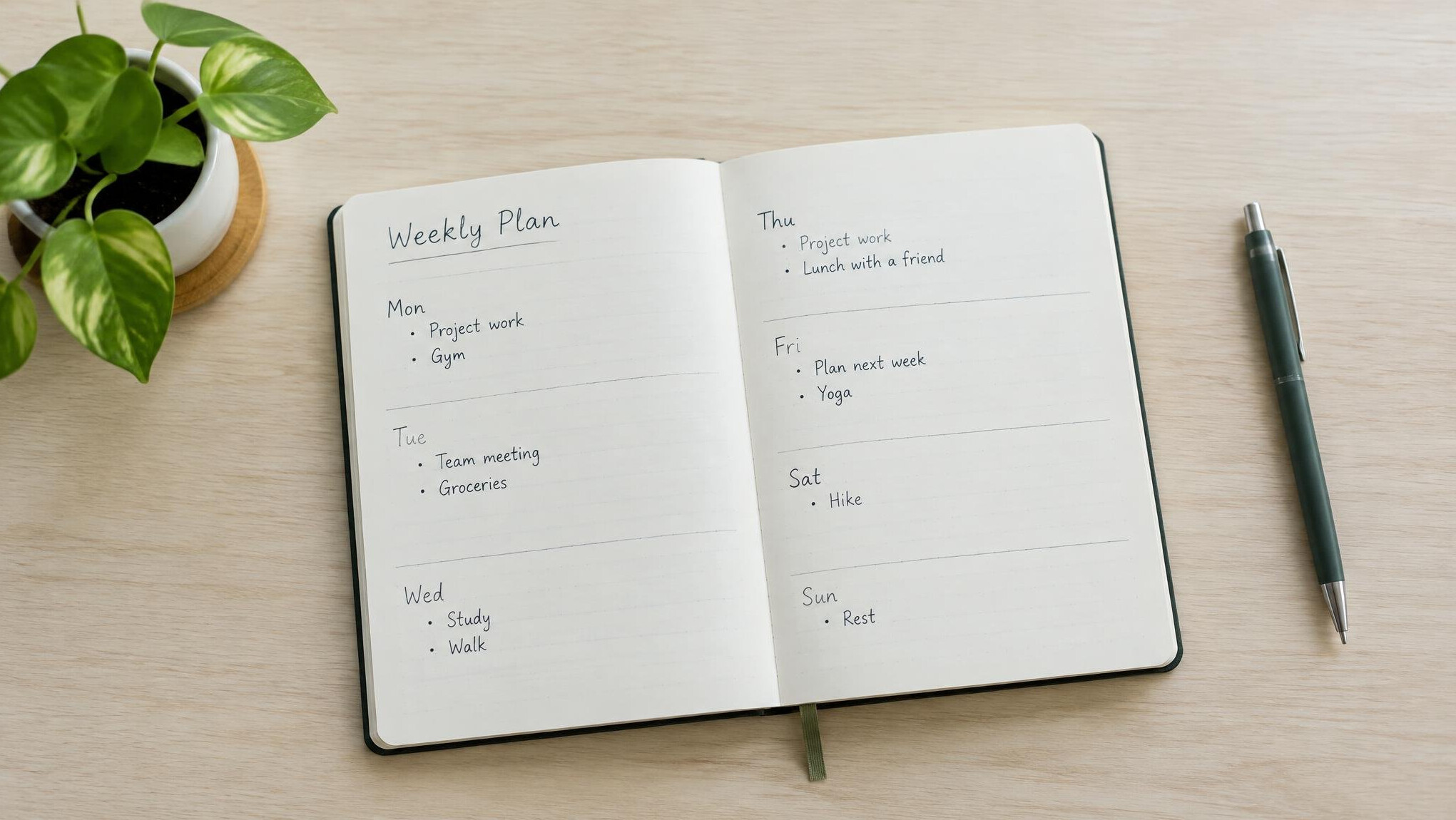 Notebook with a handwritten weekly plan and a pen on a table